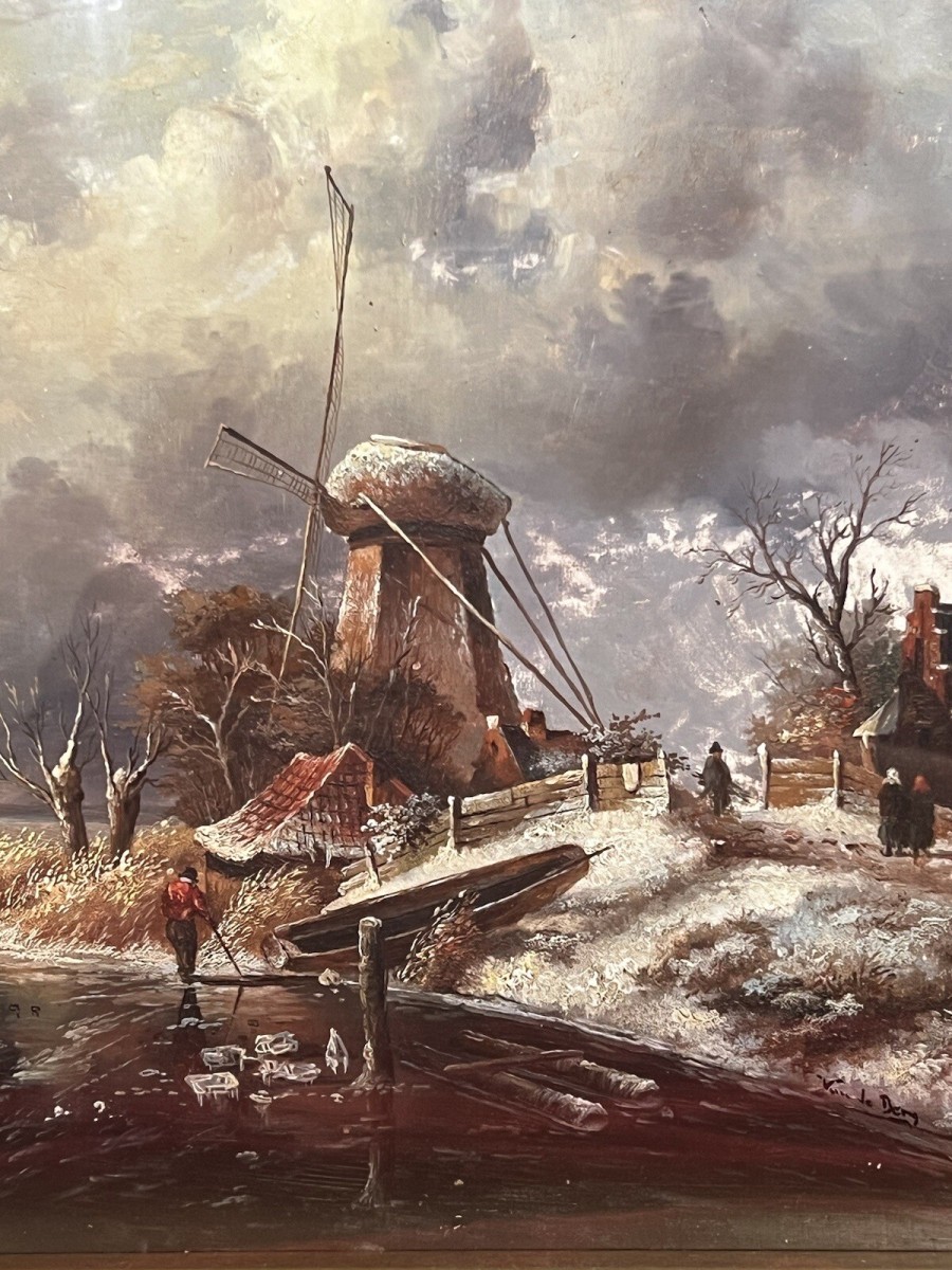 20th Century Dutch Winter Landscape Of Frozen River Ice Skating Scene Signed
