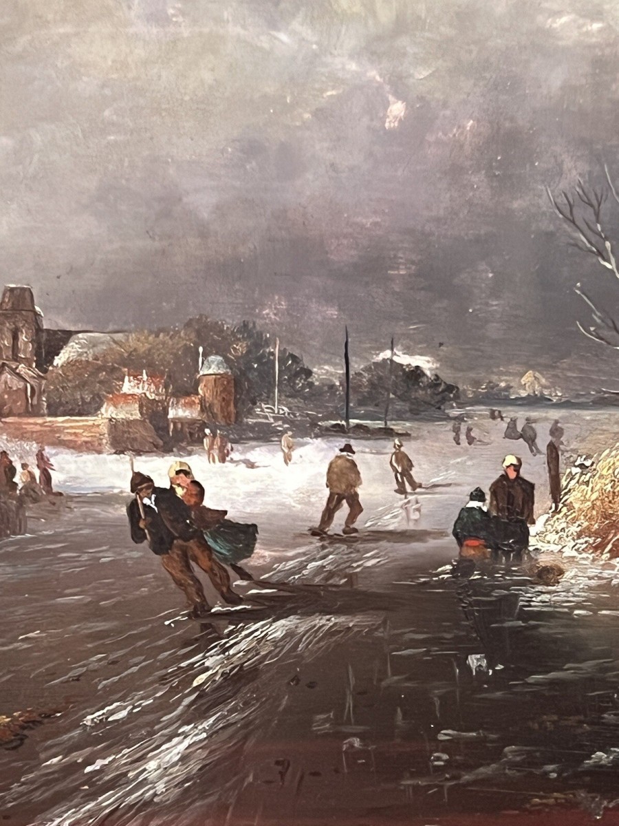 20th Century Dutch Winter Landscape Of Frozen River Ice Skating Scene Signed