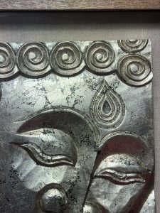 Divine Buddha Plaque In Wooden Shadow Box Frame Wall Art Display Circa - Contempoary Composition - Resin Buddha / Wood & Glass Frame Listing Description Metallic Silver Divine Buddha Face Plaque Set Inside Glazed Shadow Box Wood Frame. Heavy Item. Hanging Hook On Reverse For Wall Mounting. Dimensions in Cms Height 61cm X Width 50cm X Frame Depth 5cm