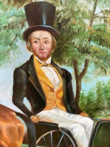 After Edward Troye 'Self-Portrait In A Carriage' Oil Painting Gilt-Wood Framed Signed Circa - 20th Century Composition - Oil On Canvas Listing Description This Painting Is A Fully Restored Reproduction Of "Self-Portrait in a Carriage" by Edward Troye, A Renowned American Painter Known For His Portraits Of Thoroughbred Horses. This Painting Alike The The Original Artwork, Which Was Originally Painted In 1852, Depicts Troye Himself In fine Attire Sat In A Horse And Carriage, And Is Part Of The Yale University Art Gallery Collection. Impressive Large Size, Finely Painted Details Of Spoke Wheeled Carriage Being Pulled By Muscular Grey Horse. A Groomsman Stands By, Holding The Bridle Of A Chestnut Horse. Stunning Background Showcasing A Fine Country Landscape. Impeccable Quality Artwork In Astounding Bright Coloured Palette. Collectors Showpiece. Signed By Artist G S MENEL And Set In Ornate Gilt Wood Frame. Dimensions In Cms Height 73cm X Width 109 cms Provenance Present Collection Of Viscount Hill At Lord Hill Museum. For Further Information Kindly Contact Directly Via Telephone 07707 488566 Thankyou.