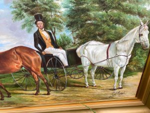 After Edward Troye 'Self-Portrait In A Carriage' Oil Painting Gilt-Wood Framed Signed Circa - 20th Century Composition - Oil On Canvas Listing Description This Painting Is A Fully Restored Reproduction Of "Self-Portrait in a Carriage" by Edward Troye, A Renowned American Painter Known For His Portraits Of Thoroughbred Horses. This Painting Alike The The Original Artwork, Which Was Originally Painted In 1852, Depicts Troye Himself In fine Attire Sat In A Horse And Carriage, And Is Part Of The Yale University Art Gallery Collection. Impressive Large Size, Finely Painted Details Of Spoke Wheeled Carriage Being Pulled By Muscular Grey Horse. A Groomsman Stands By, Holding The Bridle Of A Chestnut Horse. Stunning Background Showcasing A Fine Country Landscape. Impeccable Quality Artwork In Astounding Bright Coloured Palette. Collectors Showpiece. Signed By Artist G S MENEL And Set In Ornate Gilt Wood Frame. Dimensions In Cms Height 73cm X Width 109 cms Provenance Present Collection Of Viscount Hill At Lord Hill Museum. For Further Information Kindly Contact Directly Via Telephone 07707 488566 Thankyou.