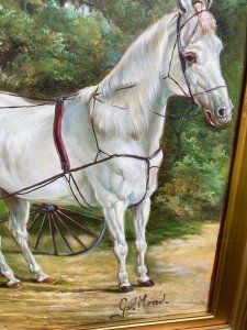 After Edward Troye 'Self-Portrait In A Carriage' Oil Painting Gilt-Wood Framed Signed Circa - 20th Century Composition - Oil On Canvas Listing Description This Painting Is A Fully Restored Reproduction Of "Self-Portrait in a Carriage" by Edward Troye, A Renowned American Painter Known For His Portraits Of Thoroughbred Horses. This Painting Alike The The Original Artwork, Which Was Originally Painted In 1852, Depicts Troye Himself In fine Attire Sat In A Horse And Carriage, And Is Part Of The Yale University Art Gallery Collection. Impressive Large Size, Finely Painted Details Of Spoke Wheeled Carriage Being Pulled By Muscular Grey Horse. A Groomsman Stands By, Holding The Bridle Of A Chestnut Horse. Stunning Background Showcasing A Fine Country Landscape. Impeccable Quality Artwork In Astounding Bright Coloured Palette. Collectors Showpiece. Signed By Artist G S MENEL And Set In Ornate Gilt Wood Frame. Dimensions In Cms Height 73cm X Width 109 cms Provenance Present Collection Of Viscount Hill At Lord Hill Museum. For Further Information Kindly Contact Directly Via Telephone 07707 488566 Thankyou.