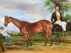 After Edward Troye 'Self-Portrait In A Carriage' Oil Painting Gilt-Wood Framed Signed Circa - 20th Century Composition - Oil On Canvas Listing Description This Painting Is A Fully Restored Reproduction Of "Self-Portrait in a Carriage" by Edward Troye, A Renowned American Painter Known For His Portraits Of Thoroughbred Horses. This Painting Alike The The Original Artwork, Which Was Originally Painted In 1852, Depicts Troye Himself In fine Attire Sat In A Horse And Carriage, And Is Part Of The Yale University Art Gallery Collection. Impressive Large Size, Finely Painted Details Of Spoke Wheeled Carriage Being Pulled By Muscular Grey Horse. A Groomsman Stands By, Holding The Bridle Of A Chestnut Horse. Stunning Background Showcasing A Fine Country Landscape. Impeccable Quality Artwork In Astounding Bright Coloured Palette. Collectors Showpiece. Signed By Artist G S MENEL And Set In Ornate Gilt Wood Frame. Dimensions In Cms Height 73cm X Width 109 cms Provenance Present Collection Of Viscount Hill At Lord Hill Museum. For Further Information Kindly Contact Directly Via Telephone 07707 488566 Thankyou.