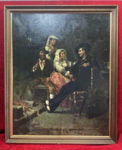 19th Century Spanish School Interior Folk Scene Manner Of José Gallegas Arnosa. Circa - 19th Century Composition - Oil On Canvas. This Fine Art Oil Painting Is A Spanish Folk Interior Scene From The Second Half Of The 19th Century, Depicting A Folkloric Genre With Four Figures Including Two Woman In Traditional Peasant Dress, A Gentleman Sitting Smoking A Pipe and Smartly Dressed Gentleman Ceremonial Military Attire.  The Group Sit At A Table Group Next To Roaring A Fire, Showcasing Traditional Attire And A Dramatic, Warm Colour Palette. It Is Attributed To The Andalusian Painter José Gallegos y Arnosa (1857-1917), Known For His Attention To Detail And Scenes Of Daily Life. Dimensions In Cms Height 83cm xx Width 67cm