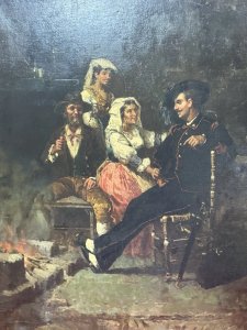 19th Century Spanish School Interior Folk Scene Manner Of José Gallegas Arnosa. Circa - 19th Century Composition - Oil On Canvas. This Fine Art Oil Painting Is A Spanish Folk Interior Scene From The Second Half Of The 19th Century, Depicting A Folkloric Genre With Four Figures Including Two Woman In Traditional Peasant Dress, A Gentleman Sitting Smoking A Pipe and Smartly Dressed Gentleman Ceremonial Military Attire.  The Group Sit At A Table Group Next To Roaring A Fire, Showcasing Traditional Attire And A Dramatic, Warm Colour Palette. It Is Attributed To The Andalusian Painter José Gallegos y Arnosa (1857-1917), Known For His Attention To Detail And Scenes Of Daily Life. Dimensions In Cms Height 83cm xx Width 67cm