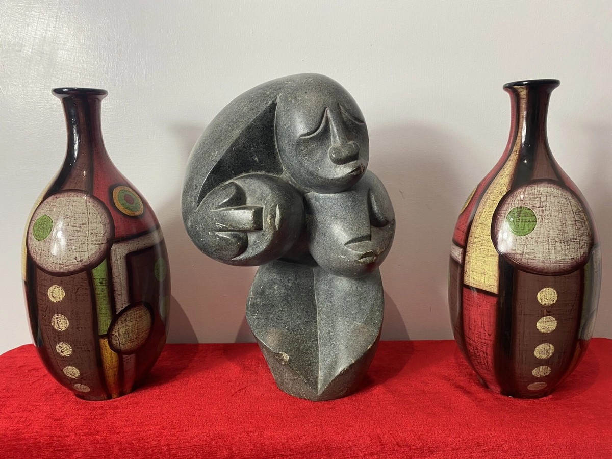 Pair Of Mid Century Geometric Abstract Amphora Vases In Art Deco Style