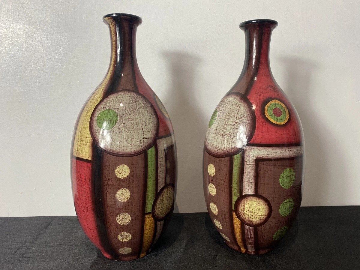 Pair Of Mid Century Geometric Abstract Amphora Vases In Art Deco Style