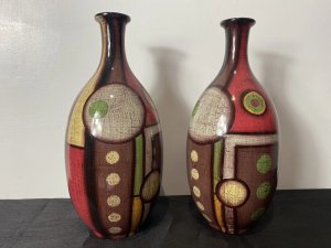 Circa - 1960. Composition - Ceramic. Elegant Mid Century Modern Pair Of Feminine Shaped Amphora Vases, Decorated With Striking Abstract Geometric Artwork.  The Pattern Is Comprised Of Different Sized Coloured Spots With Striking Geometric Segmented Bold Lines. Vibrant Colour Palette Of Red And Brown With Green, Yellow, Beige Accents. Overpainted Textural Printed Pattern. Stunning Reference To Art Deco Movement. Unmarked. Thought To Be Dutch In Origin. Beautiful Quality Vases, Perfect Conversation Pair For Striking Mid Century Modern Interior. Dimensions In Inches. Height 14. Body Width 6. Neck Width 2.5. Base Width 3.5