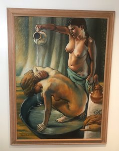 Fine Art 20th Century Bathtime With Two Nubile Ladies Oil Painting Signed And Painted By Well Known Artist Malcolm Morris Wonderful Life Like Composition Stunning Investment Well Painted Detail With Lady Washing In Tin Bath Whilst Other Lady Pours Water From A Jug Original Oil On Canvas By Accomplished Painter 3/4 Life Size Breathtaking Image In Bleached Ash Wooden Frame Provenance Part Of A Large Collection Purchased From London Exhibited In London 1973 Condition- Excellent Dimensions In Inches Height 47” Width 35”