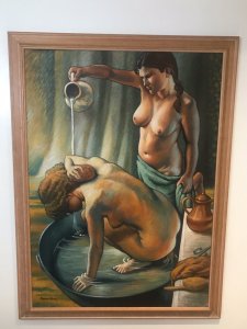 Fine Art 20th Century Bathtime With Two Nubile Ladies Oil Painting Signed And Painted By Well Known Artist Malcolm Morris Wonderful Life Like Composition Stunning Investment Well Painted Detail With Lady Washing In Tin Bath Whilst Other Lady Pours Water From A Jug Original Oil On Canvas By Accomplished Painter 3/4 Life Size Breathtaking Image In Bleached Ash Wooden Frame Provenance Part Of A Large Collection Purchased From London Exhibited In London 1973 Condition- Excellent Dimensions In Inches Height 47” Width 35”