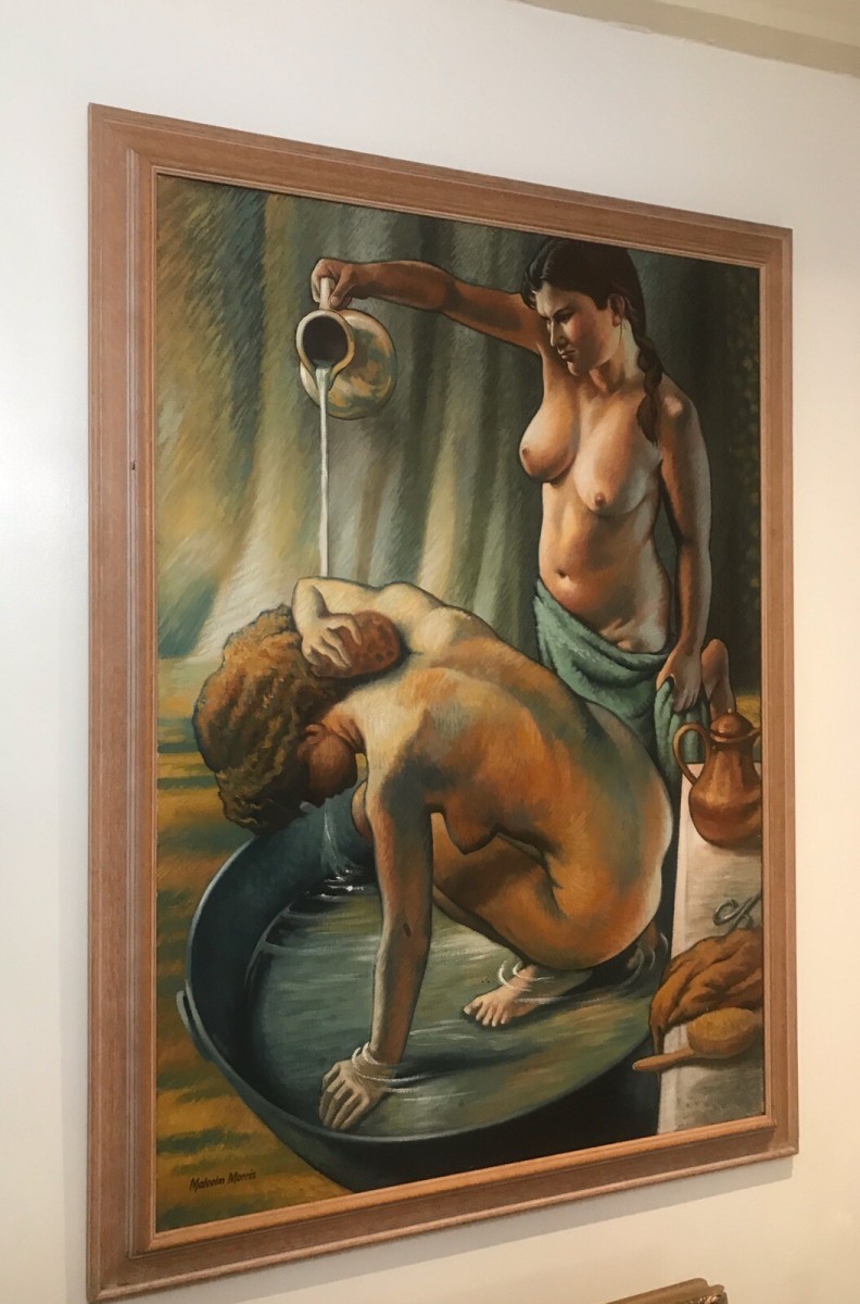 Fine Art 20th Century Bathtime With Two Nubile Ladies Oil Painting Signed