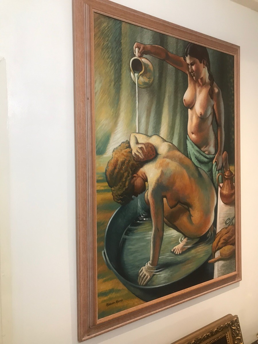 Fine Art 20th Century Bathtime With Two Nubile Ladies Oil Painting Signed