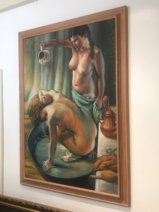 Fine Art 20th Century Bathtime With Two Nubile Ladies Oil Painting Signed And Painted By Well Known Artist Malcolm Morris Wonderful Life Like Composition Stunning Investment Well Painted Detail With Lady Washing In Tin Bath Whilst Other Lady Pours Water From A Jug Original Oil On Canvas By Accomplished Painter 3/4 Life Size Breathtaking Image In Bleached Ash Wooden Frame Provenance Part Of A Large Collection Purchased From London Exhibited In London 1973 Condition- Excellent Dimensions In Inches Height 47” Width 35”