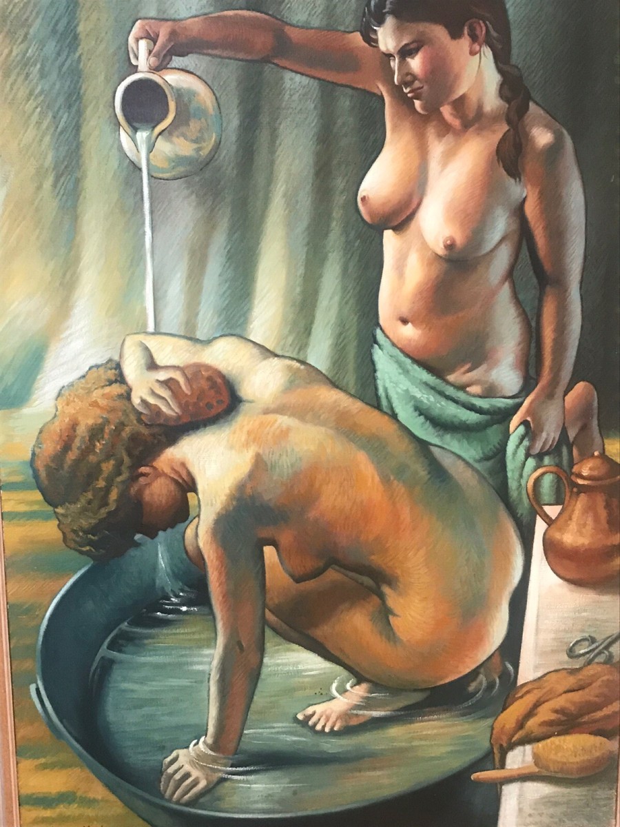 Fine Art 20th Century Bathtime With Two Nubile Ladies Oil Painting Signed