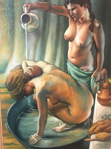 Fine Art 20th Century Bathtime With Two Nubile Ladies Oil Painting Signed And Painted By Well Known Artist Malcolm Morris Wonderful Life Like Composition Stunning Investment Well Painted Detail With Lady Washing In Tin Bath Whilst Other Lady Pours Water From A Jug Original Oil On Canvas By Accomplished Painter 3/4 Life Size Breathtaking Image In Bleached Ash Wooden Frame Provenance Part Of A Large Collection Purchased From London Exhibited In London 1973 Condition- Excellent Dimensions In Inches Height 47” Width 35”