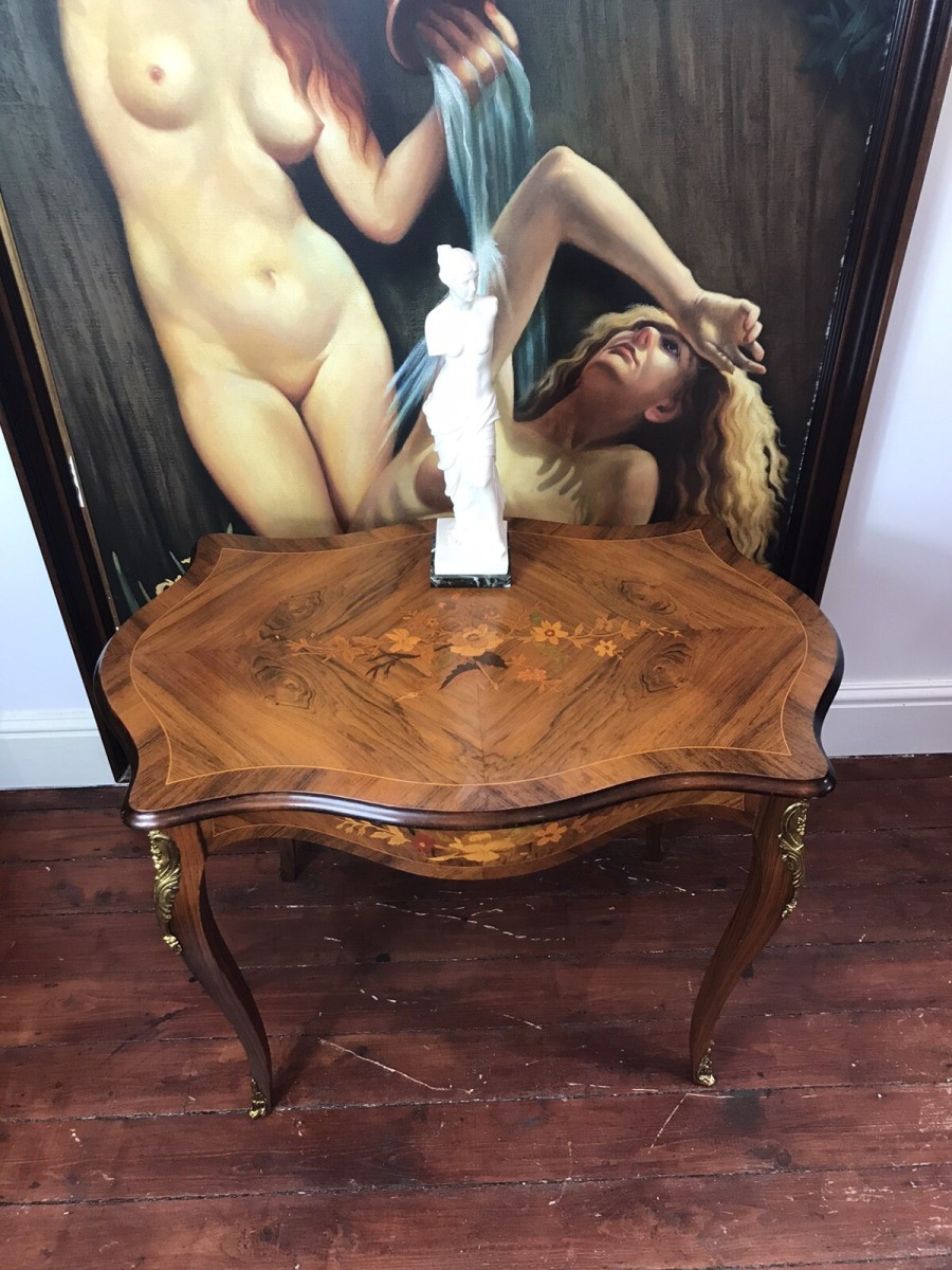 Beautiful French Marquetry And Ormolu Mounted Serpentine Shaped Salon Table
