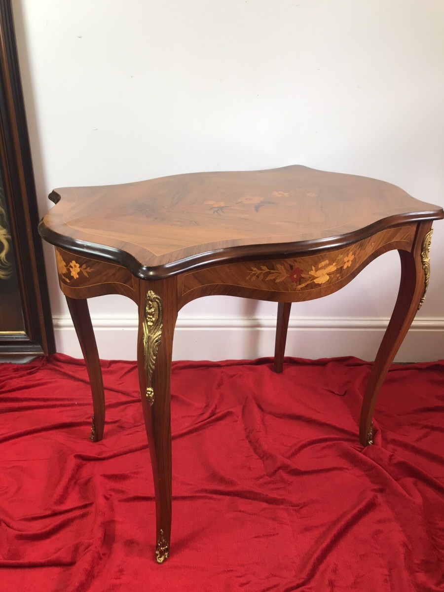 Beautiful French Marquetry And Ormolu Mounted Serpentine Shaped Salon Table
