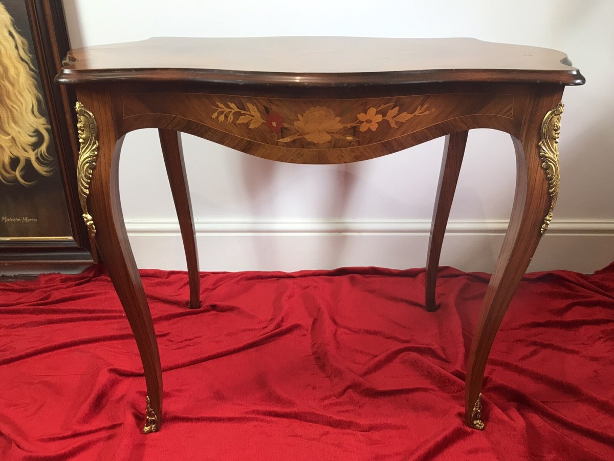 Beautiful French Marquetry And Ormolu Mounted Serpentine Shaped Salon Table