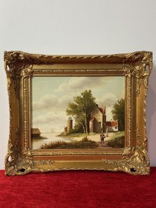 Early 20th Century Dutch School Landscape Painting On Oak Panel Signed In Gilt Frame Circa - Early 20th Century Composition - Oil On Board Listing Description Wonderful Dutch School Composition Of Side Facing Stone Cottage With Rich Red Roof Tiles. A Gentleman And Wife Figures In Traditional Dutch Clothing, Walking/Foraging With Reed Basket Alongside The Flowing River. The Landscape Covered In Thick Green Foliage, Reeds And Detailed Native Trees. Dutch Home With Turret And Spired Church In The Distance With Impressive Cloudy Sky Reminiscent Of Dutch School Style. Quality Oil Painting By Accomplished Artist. Signed And Set In Gilt Frame. Dimensions In Inches Height 11" Width 13"