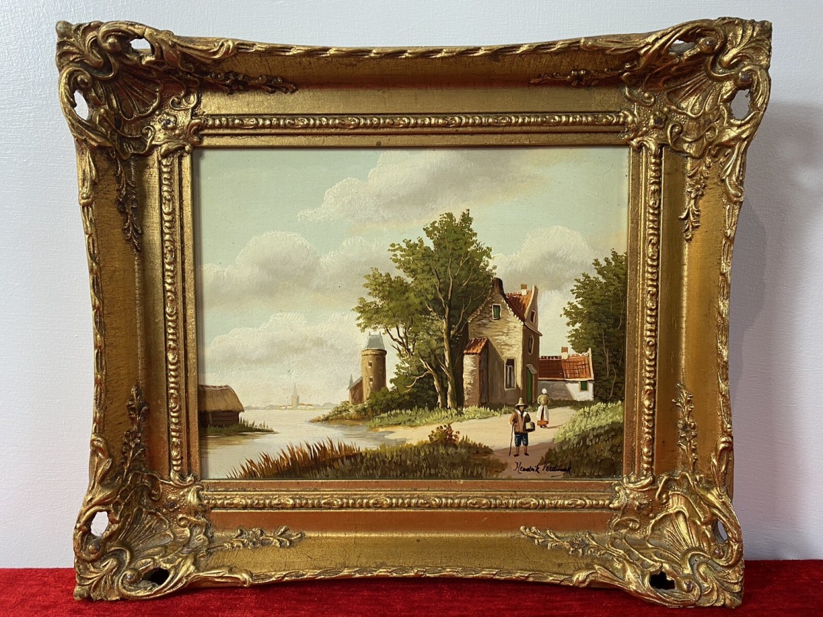 Early 20th Century Dutch Landscape Painting On Oak Panel Signed In Gilt Frame