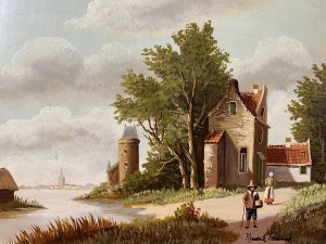 Early 20th Century Dutch School Landscape Painting On Oak Panel Signed In Gilt Frame Circa - Early 20th Century Composition - Oil On Board Listing Description Wonderful Dutch School Composition Of Side Facing Stone Cottage With Rich Red Roof Tiles. A Gentleman And Wife Figures In Traditional Dutch Clothing, Walking/Foraging With Reed Basket Alongside The Flowing River. The Landscape Covered In Thick Green Foliage, Reeds And Detailed Native Trees. Dutch Home With Turret And Spired Church In The Distance With Impressive Cloudy Sky Reminiscent Of Dutch School Style. Quality Oil Painting By Accomplished Artist. Signed And Set In Gilt Frame. Dimensions In Inches Height 11" Width 13"