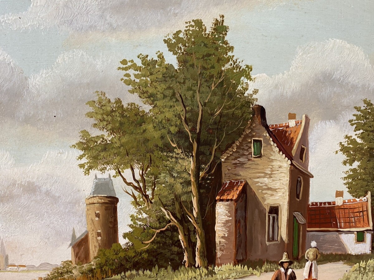 Early 20th Century Dutch Landscape Painting On Oak Panel Signed In Gilt Frame