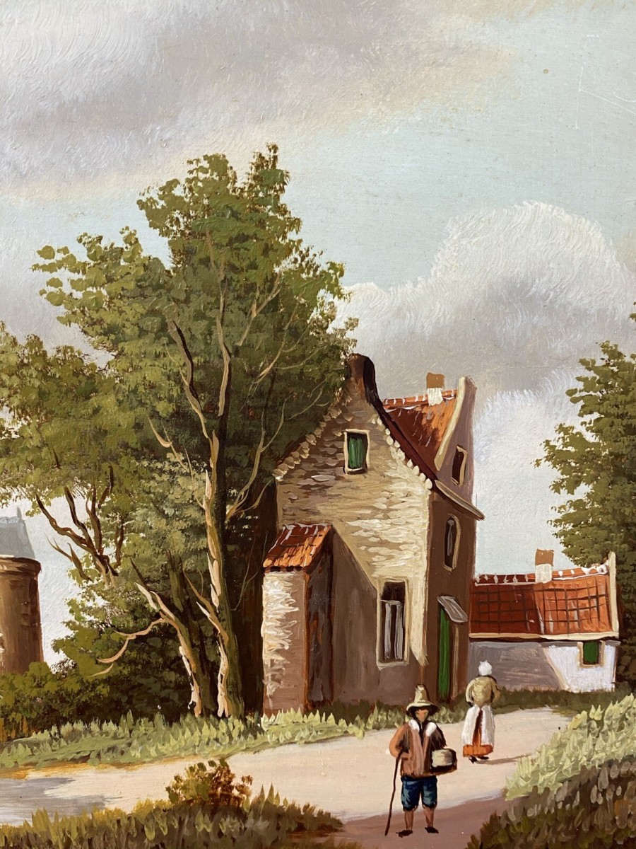 Early 20th Century Dutch Landscape Painting On Oak Panel Signed In Gilt Frame