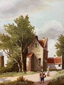 Early 20th Century Dutch School Landscape Painting On Oak Panel Signed In Gilt Frame Circa - Early 20th Century Composition - Oil On Board Listing Description Wonderful Dutch School Composition Of Side Facing Stone Cottage With Rich Red Roof Tiles. A Gentleman And Wife Figures In Traditional Dutch Clothing, Walking/Foraging With Reed Basket Alongside The Flowing River. The Landscape Covered In Thick Green Foliage, Reeds And Detailed Native Trees. Dutch Home With Turret And Spired Church In The Distance With Impressive Cloudy Sky Reminiscent Of Dutch School Style. Quality Oil Painting By Accomplished Artist. Signed And Set In Gilt Frame. Dimensions In Inches Height 11" Width 13"