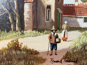 Early 20th Century Dutch School Landscape Painting On Oak Panel Signed In Gilt Frame Circa - Early 20th Century Composition - Oil On Board Listing Description Wonderful Dutch School Composition Of Side Facing Stone Cottage With Rich Red Roof Tiles. A Gentleman And Wife Figures In Traditional Dutch Clothing, Walking/Foraging With Reed Basket Alongside The Flowing River. The Landscape Covered In Thick Green Foliage, Reeds And Detailed Native Trees. Dutch Home With Turret And Spired Church In The Distance With Impressive Cloudy Sky Reminiscent Of Dutch School Style. Quality Oil Painting By Accomplished Artist. Signed And Set In Gilt Frame. Dimensions In Inches Height 11" Width 13"