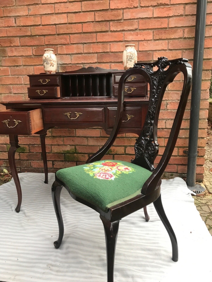 Ladies Period Art Nouveau Spanish Mahogany Writing Table With Chair