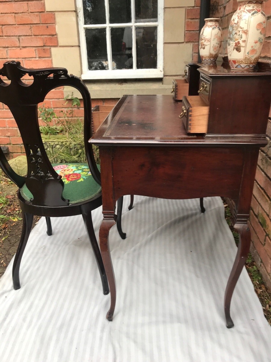 Ladies Period Art Nouveau Spanish Mahogany Writing Table With Chair