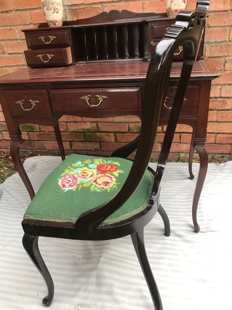Ladies Period Art Nouveau Spanish Mahogany Writing Table With Chair