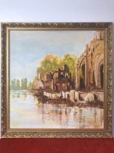 Original Oil Painting Of Glastonbury Abbey Somerset England Framed/Signed GATER. Glastonbury Abbey Is A Hidden Jewel In The Heart Of Somerset, England. Most Of The Abbey Was Destroyed In A Fire In 1184. It’s The Resting Place Of Three Saxon Kings And Legendary King Arthur. Glastonbury Abbey Is Defined As A Place With Extraordinary Spiritual Significance. This Historic Painting Has Stunning Architectural Merit & Details. A Truly Enchanting Artwork Exceptionally Executed By Accomplished Painter GATER Set In Original Carved Gilt Wood Frame And Signed Right Hand Corner By Artist Signed, Dated & Memoir On The Back By Artist Himself Provenance Purchased By Head Buyer Of Lord Hill Museum From Tetbury Manor House, Oxfordshire. Dimensions In Inches Height 29” Width 29”