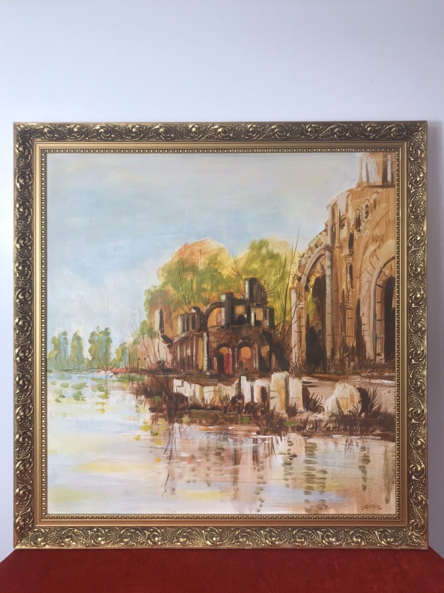 Original Oil Painting Of Glastonbury Abbey Somerset England Framed/signed Gater