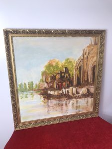 Original Oil Painting Of Glastonbury Abbey Somerset England Framed/Signed GATER. Glastonbury Abbey Is A Hidden Jewel In The Heart Of Somerset, England. Most Of The Abbey Was Destroyed In A Fire In 1184. It’s The Resting Place Of Three Saxon Kings And Legendary King Arthur. Glastonbury Abbey Is Defined As A Place With Extraordinary Spiritual Significance. This Historic Painting Has Stunning Architectural Merit & Details. A Truly Enchanting Artwork Exceptionally Executed By Accomplished Painter GATER Set In Original Carved Gilt Wood Frame And Signed Right Hand Corner By Artist Signed, Dated & Memoir On The Back By Artist Himself Provenance Purchased By Head Buyer Of Lord Hill Museum From Tetbury Manor House, Oxfordshire. Dimensions In Inches Height 29” Width 29”