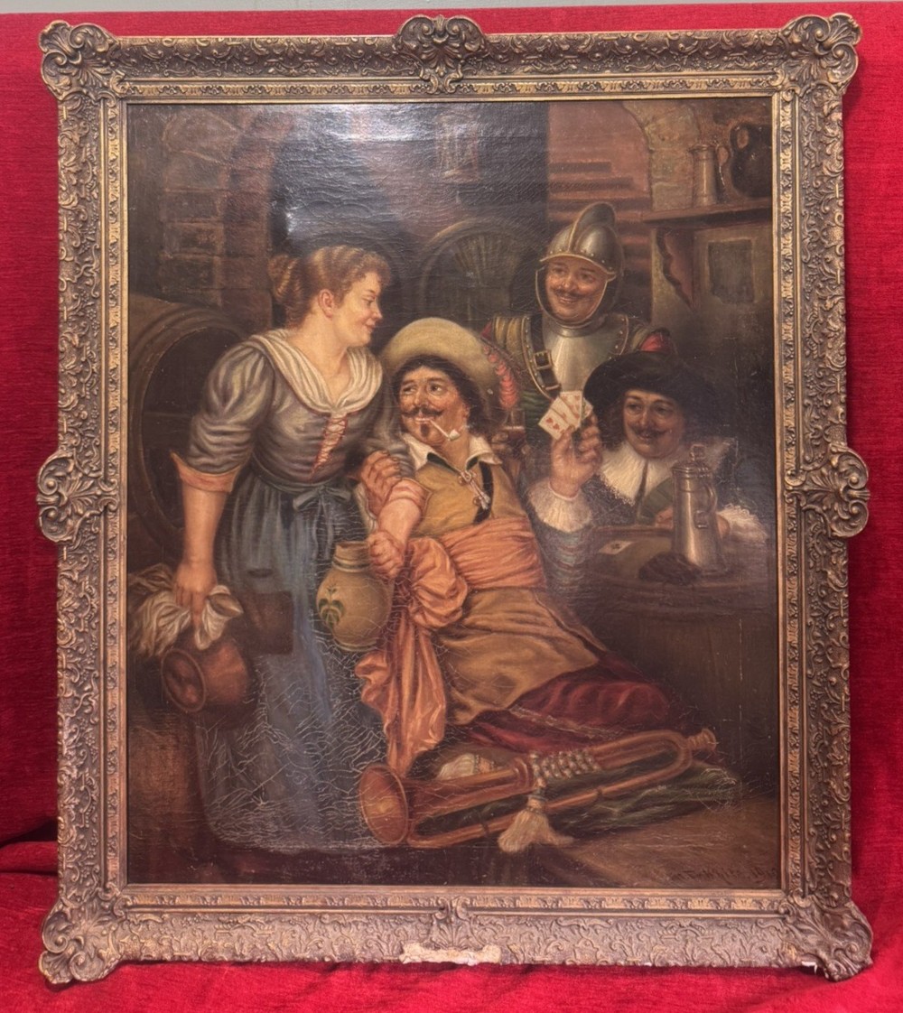 Primary image for Fine Art Dutch European Cavaliers In Tavern Scene Oil Painting On Canvas