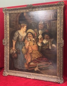 Early 20th Century Fine Art European Cavaliers In Tavern Scene Oil Painting On Canvas Dated -1910 Composition - Oil On Canvas Listing Description Fine Art Flemish Dutch Tavern Interior Scene, Depicting Two Cavaliers And Armoured Soldier Partaking In Leisure Activities, Playing Cards, Smoking Clay Pipes Whilst All Interacting With The Lady Host. Wonderful Richly Detailed Scene, Painted In Extremely Fine Quality By Accomplished Artist. Signed By Artist (Bottom Right Corner) Set In Original Gilt Wood Frame. Dimensions In Cms Height 88cm X Width 76cm Postage Please Note Postage Overseas (Outside UK) will require a buyer postcode to obtain reasonable postage quote unless using Ebay Global Shipping.