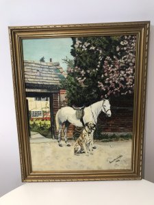 Vintage Original Oil Painting Titled Friends Dog With A Horse By Artist Eva Weelies. Medium - Oil Circa - 1970 Condition- Lovely Used Original Portrait Was A Postcard By Famous Dog Trainer Barbara Woodhouse. This Oil Painting Is A Interpretation From That Postcard Showing A Grey Horse And Dog Named Juno Standing In A Garden Of Beautiful Home Presumably Barbera Woodhouse’s. Lots Of Vivid Colour And Stunning Detail In This Painting. Very Well Executed Painting With A Lovely Subject. Lovely Guilt Frame. Signed By Artist EVA M Weelies Dated 1973 Dimensions In Inches Height 20” Width 16”