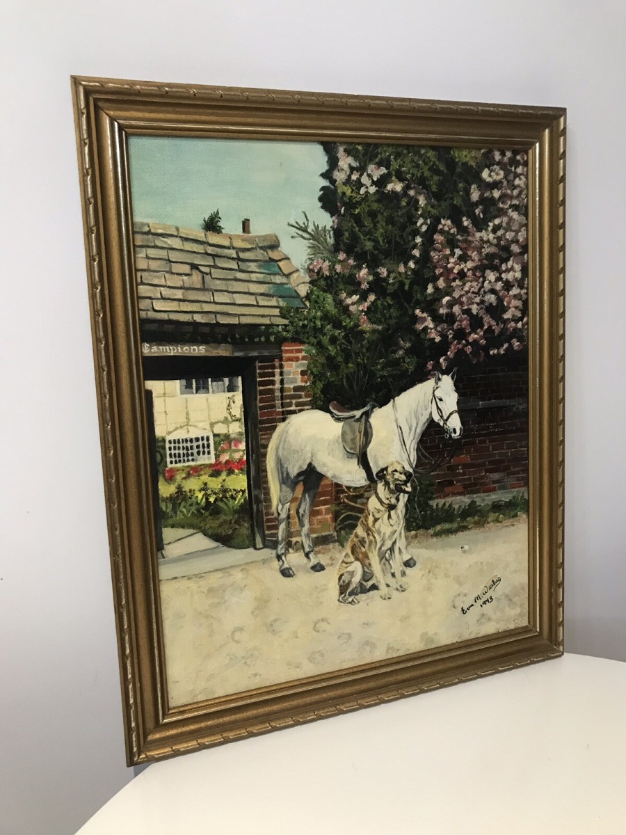 After Barbara Woodhouse Oil Painting Titled ‘friends Dog With A Horse’ Signed