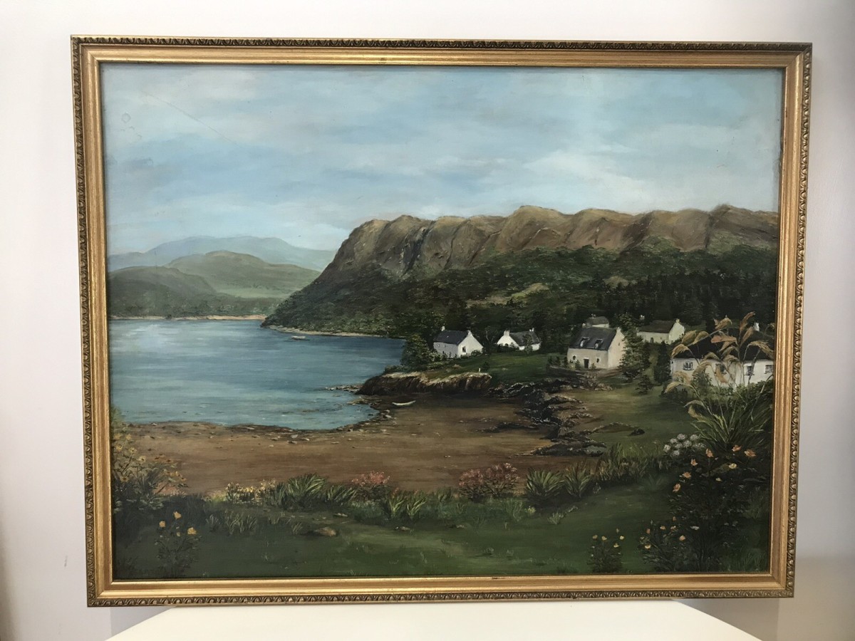Primary image for Landscape Oil Painting Of Cove With Beach And Houses Signed H D A Seaton