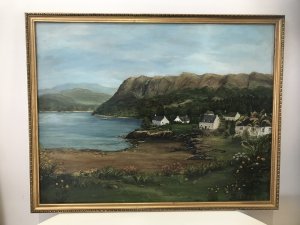 Landscape Oil Painting Of Cove With Beach And Houses Signed H D A Seaton. Oil On Board In Guilt Frame Fine Detail Of The Cove With Beach Harbour And Houses Rocky Headlands And Blue Sea Stunning Detailed Foliage Of Roses Incredibly Painted Good Quality Artwork Very Pleasing Piece Dimensions In Inches Height 21” Width 27”