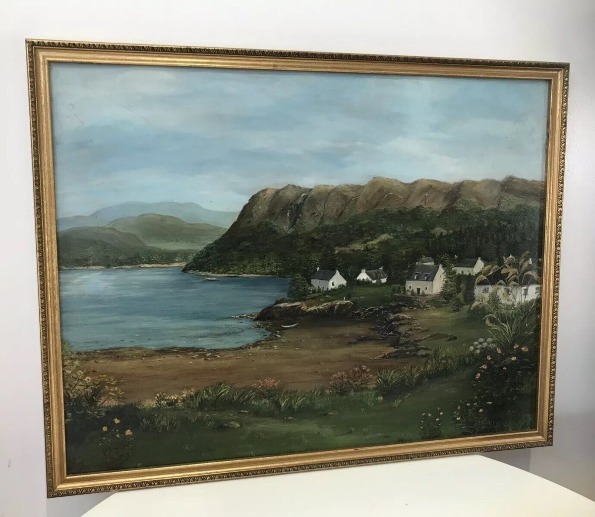 Landscape Oil Painting Of Cove With Beach And Houses Signed H D A Seaton