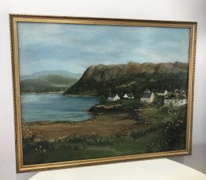Landscape Oil Painting Of Cove With Beach And Houses Signed H D A Seaton. Oil On Board In Guilt Frame Fine Detail Of The Cove With Beach Harbour And Houses Rocky Headlands And Blue Sea Stunning Detailed Foliage Of Roses Incredibly Painted Good Quality Artwork Very Pleasing Piece Dimensions In Inches Height 21” Width 27”
