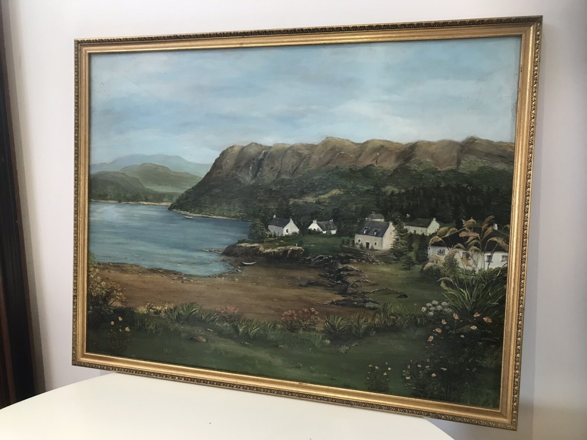 Landscape Oil Painting Of Cove With Beach And Houses Signed H D A Seaton