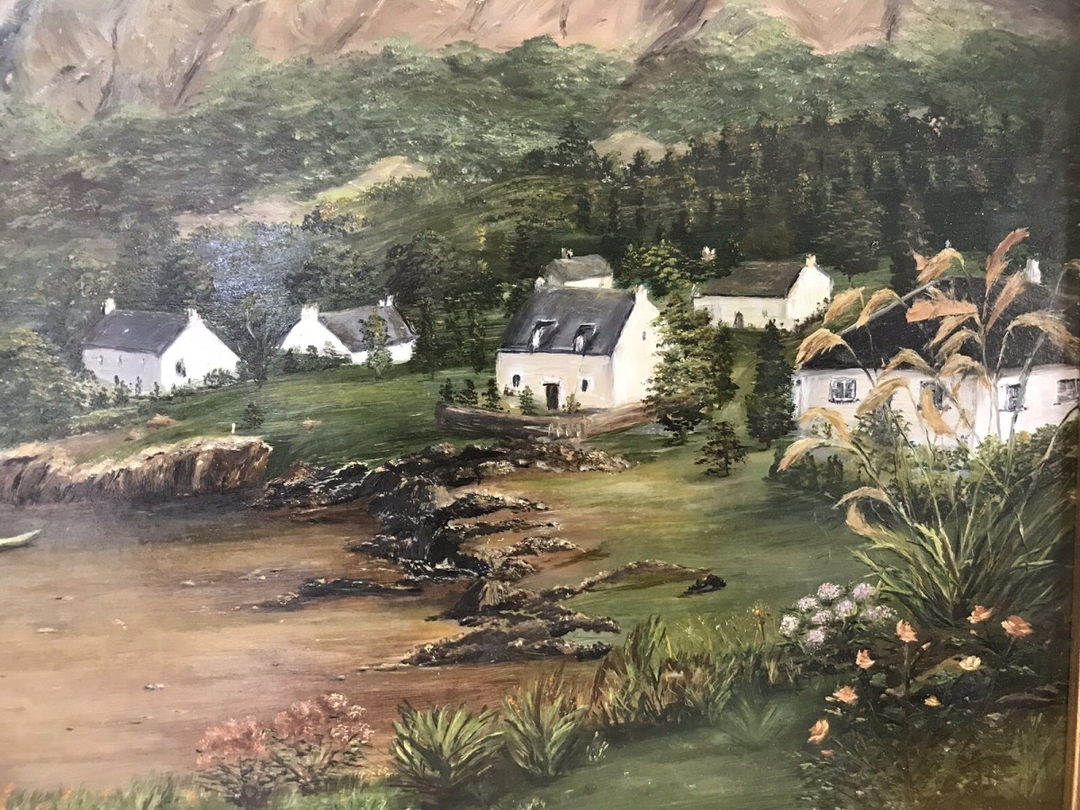 Landscape Oil Painting Of Cove With Beach And Houses Signed H D A Seaton