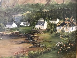 Landscape Oil Painting Of Cove With Beach And Houses Signed H D A Seaton. Oil On Board In Guilt Frame Fine Detail Of The Cove With Beach Harbour And Houses Rocky Headlands And Blue Sea Stunning Detailed Foliage Of Roses Incredibly Painted Good Quality Artwork Very Pleasing Piece Dimensions In Inches Height 21” Width 27”