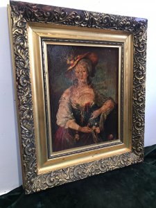 Vintage Oleograph In The Style Of Gainsborough Lady In Elaborate Gown Framed. 18th Century Lady Wearing A Large Hat And Holding Flowers Impressive Bright Colours Delightful Image With High Quality Classical Look Set In Ornate Gilt Acanthus Leaf Frame Composition- Oleograph Has Been Varnished Dimensions In Inches Height 15.5” Width 13” Frame Depth 1.5”