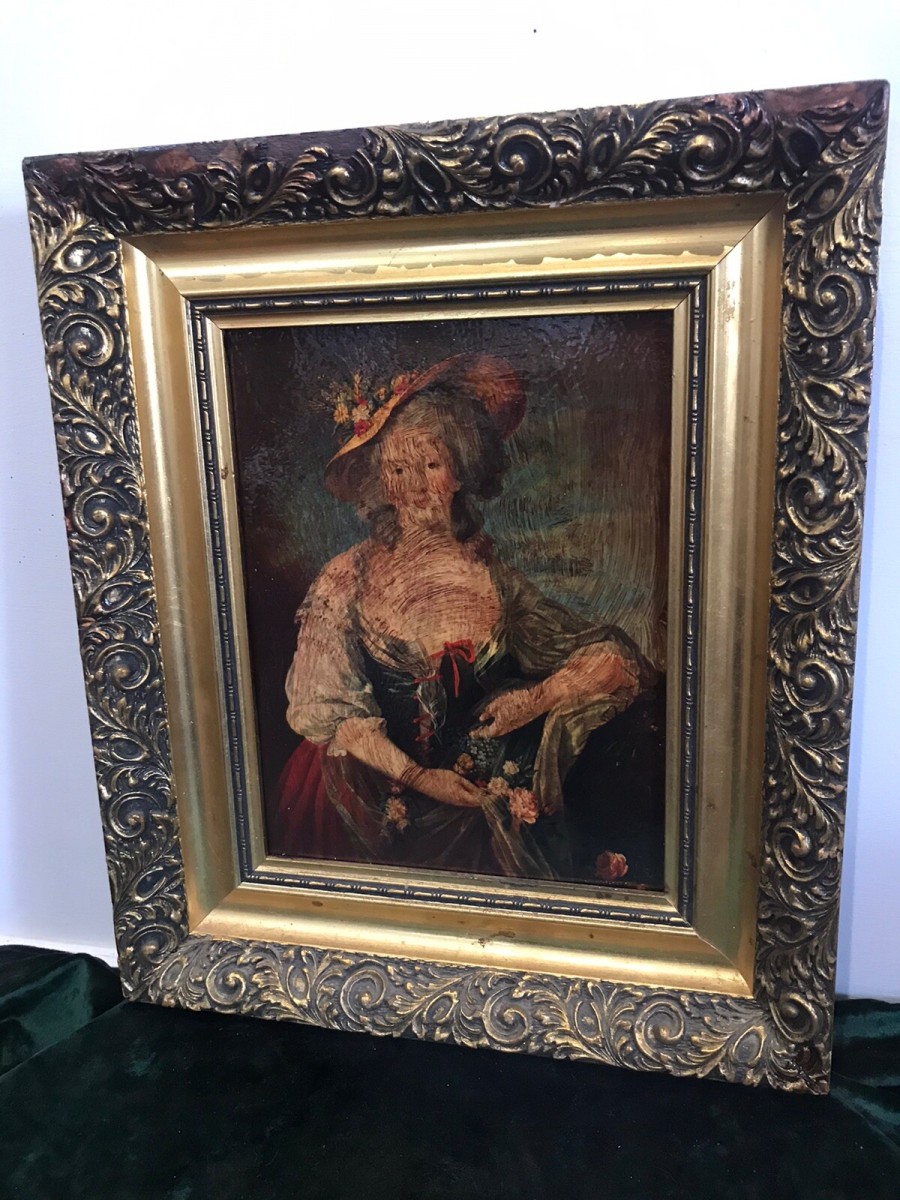 Vintage Oleograph In The Style Of Gainsborough Lady In Elaborate Gown Framed