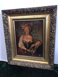 Vintage Oleograph In The Style Of Gainsborough Lady In Elaborate Gown Framed. 18th Century Lady Wearing A Large Hat And Holding Flowers Impressive Bright Colours Delightful Image With High Quality Classical Look Set In Ornate Gilt Acanthus Leaf Frame Composition- Oleograph Has Been Varnished Dimensions In Inches Height 15.5” Width 13” Frame Depth 1.5”