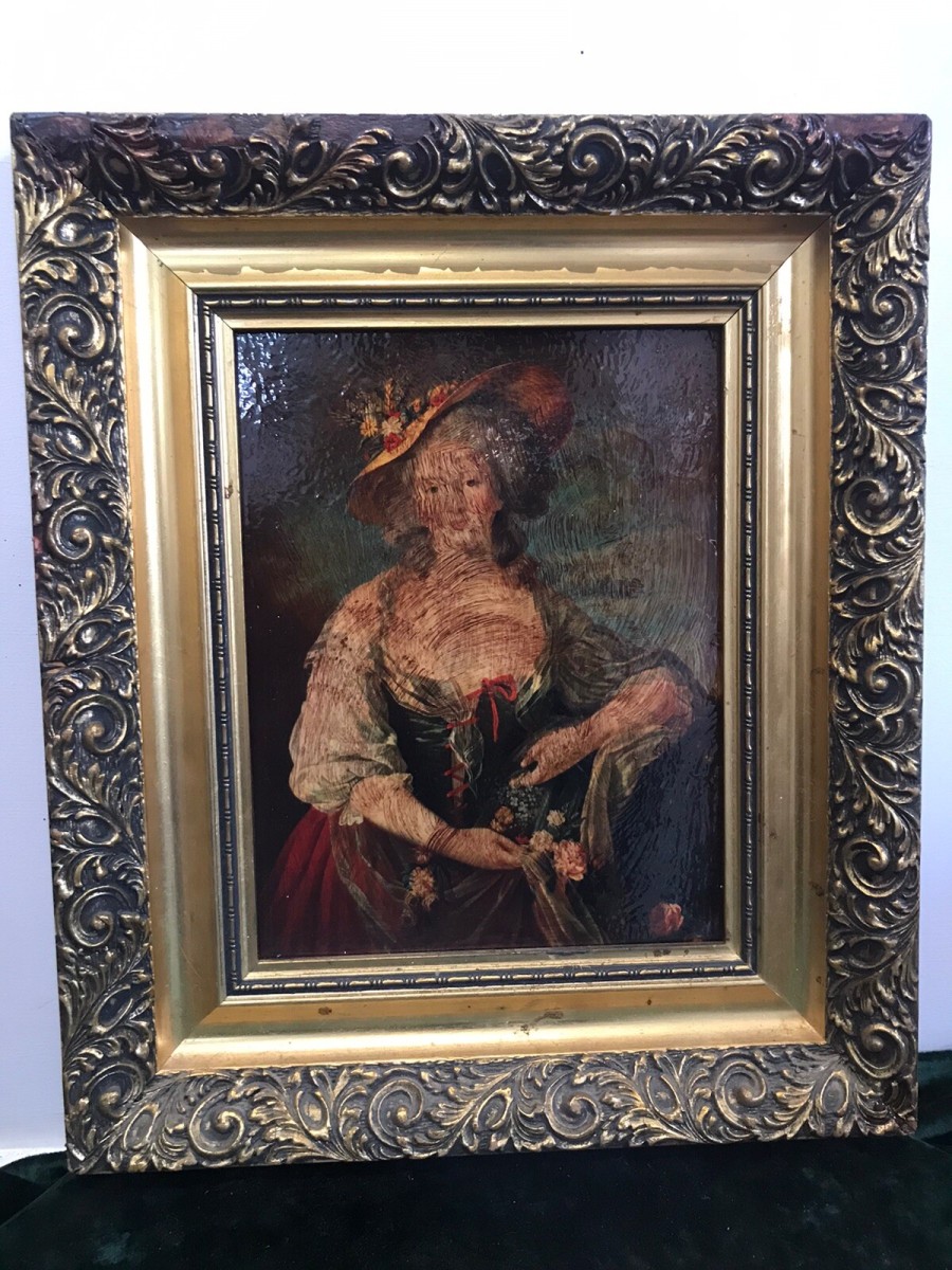 Vintage Oleograph In The Style Of Gainsborough Lady In Elaborate Gown Framed